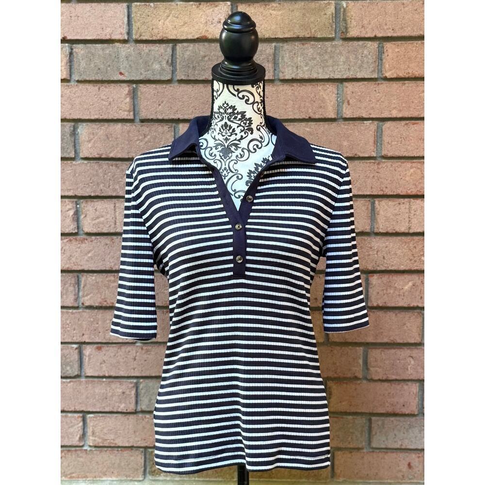 EUC LOFT Women's Navy White Striped Collared Blouse Large